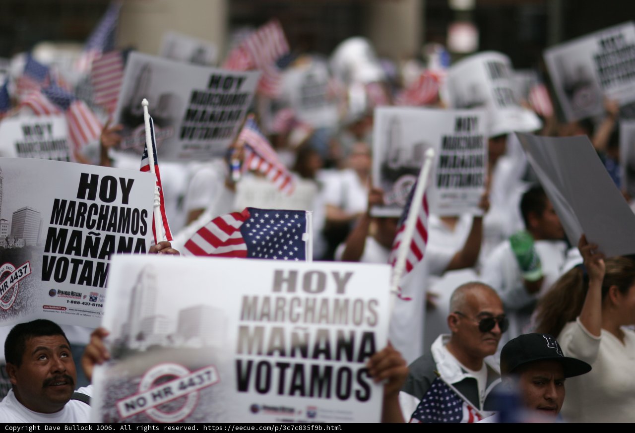 Protesters hold signs and flags at parade