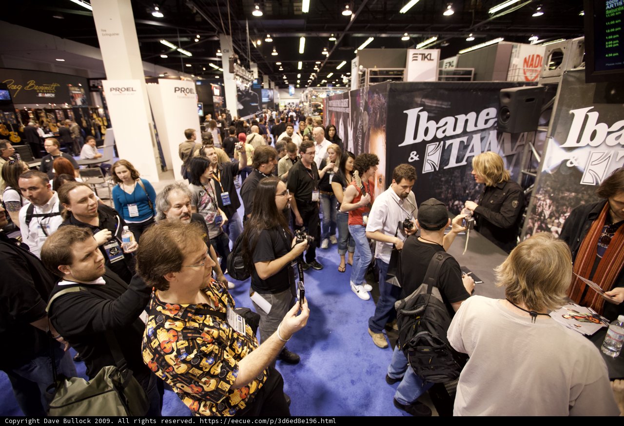 Excitement in the Air Caption: LP attends the 2009 NAMM Convention, surrounded by a lively crowd of over 40 people carrying bags, backpacks, and handbags, as well as signs and banners promoting the latest in electronics and computer hardware.