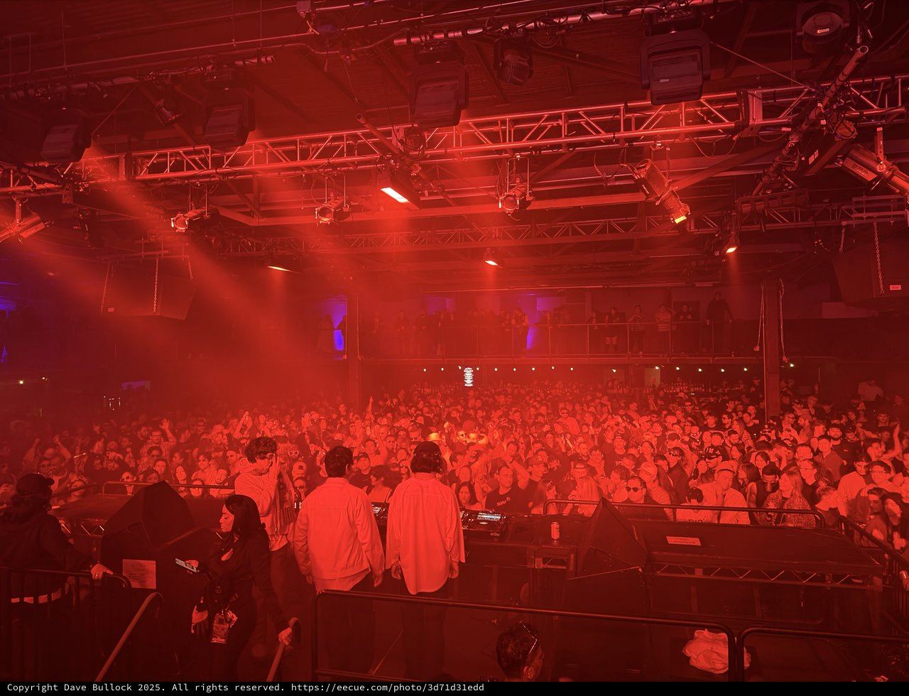 Red-Lit Electronic Music Concert Crowd and Stage