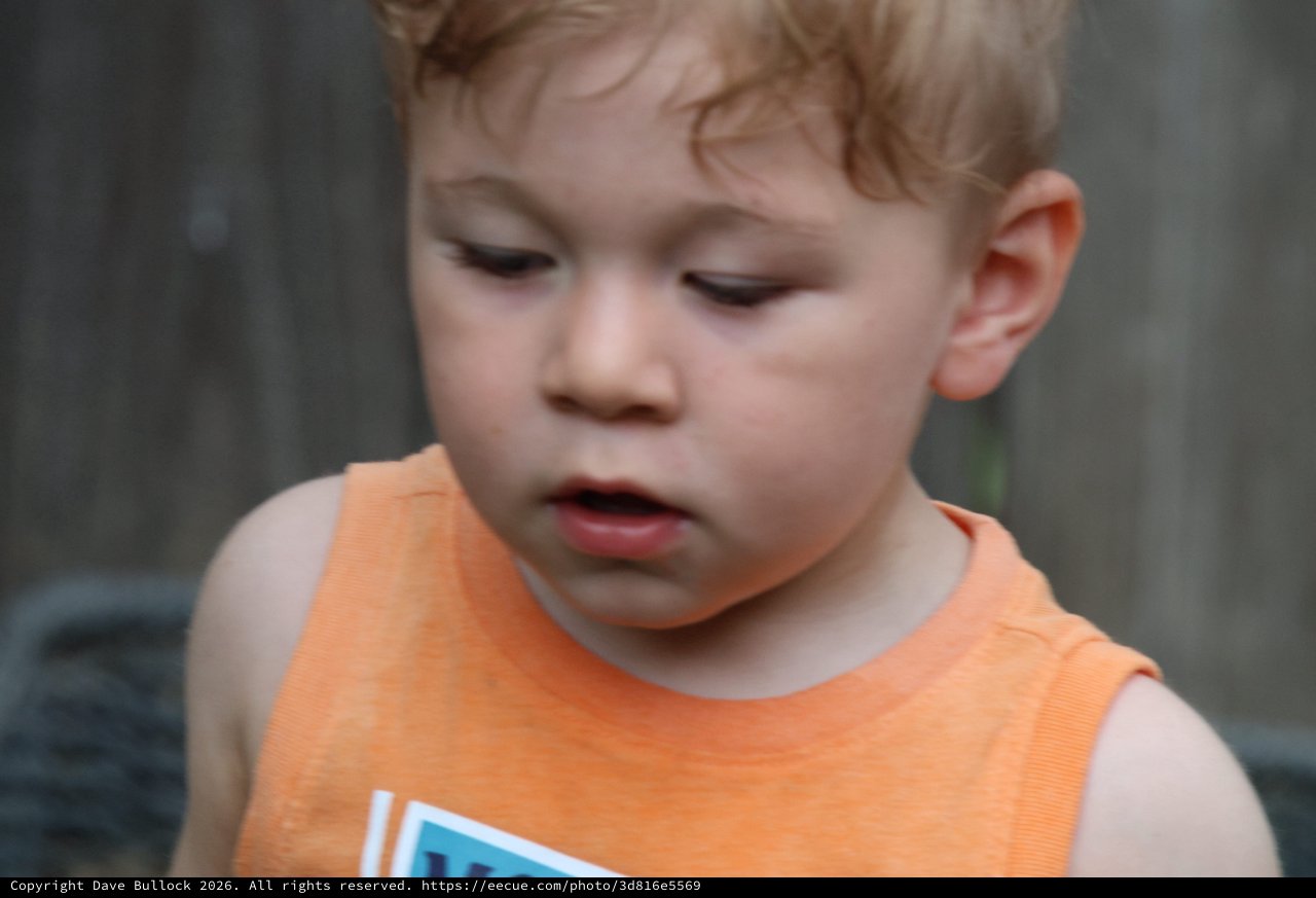 Young Child in Orange Tank Top Looking Down