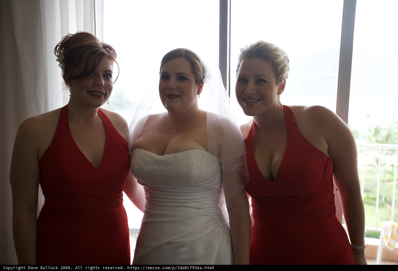 Three Women in Red Evening Dresses at a Wedding Ceremony