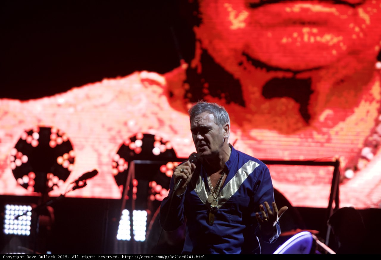 Morrissey Close Up Singing Blue Shirt Necklaces Circular Lights Red Video Screen Face Imagery
