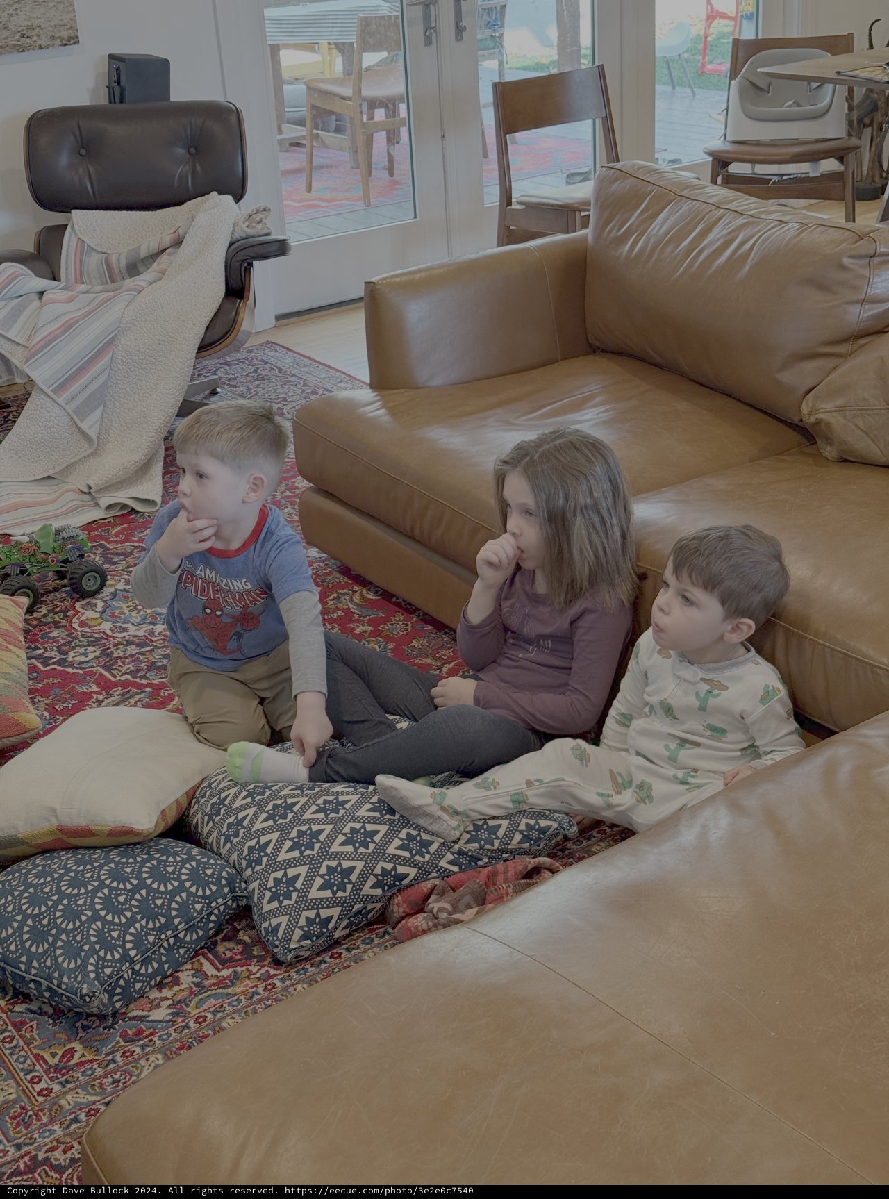 Three Children Watching TV in Living Room