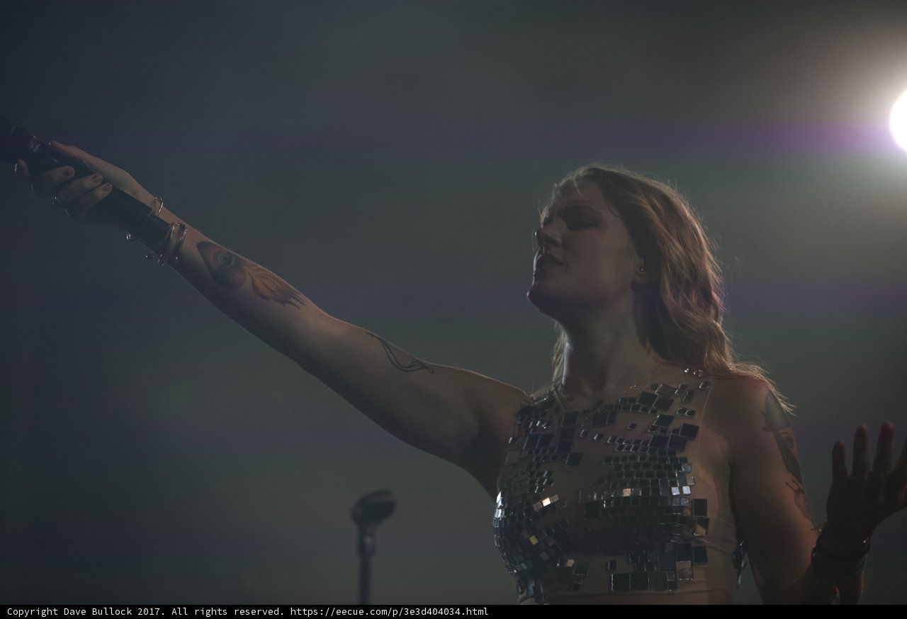 Tattooed Woman Holds Up Hand in Concert Crowd