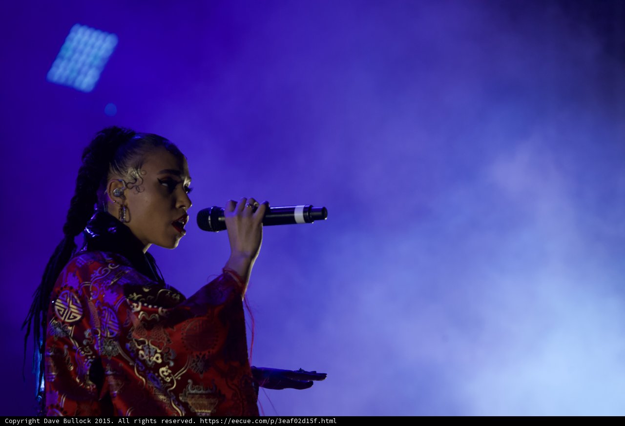 FKA twigs Profile Portrait Singing Expressive Hand Extended Baby Hairs Hoop Earrings Septum Ring Red Lipstick Braided Ponytails Kimono Gold Patterns Purple Haze LED Panel