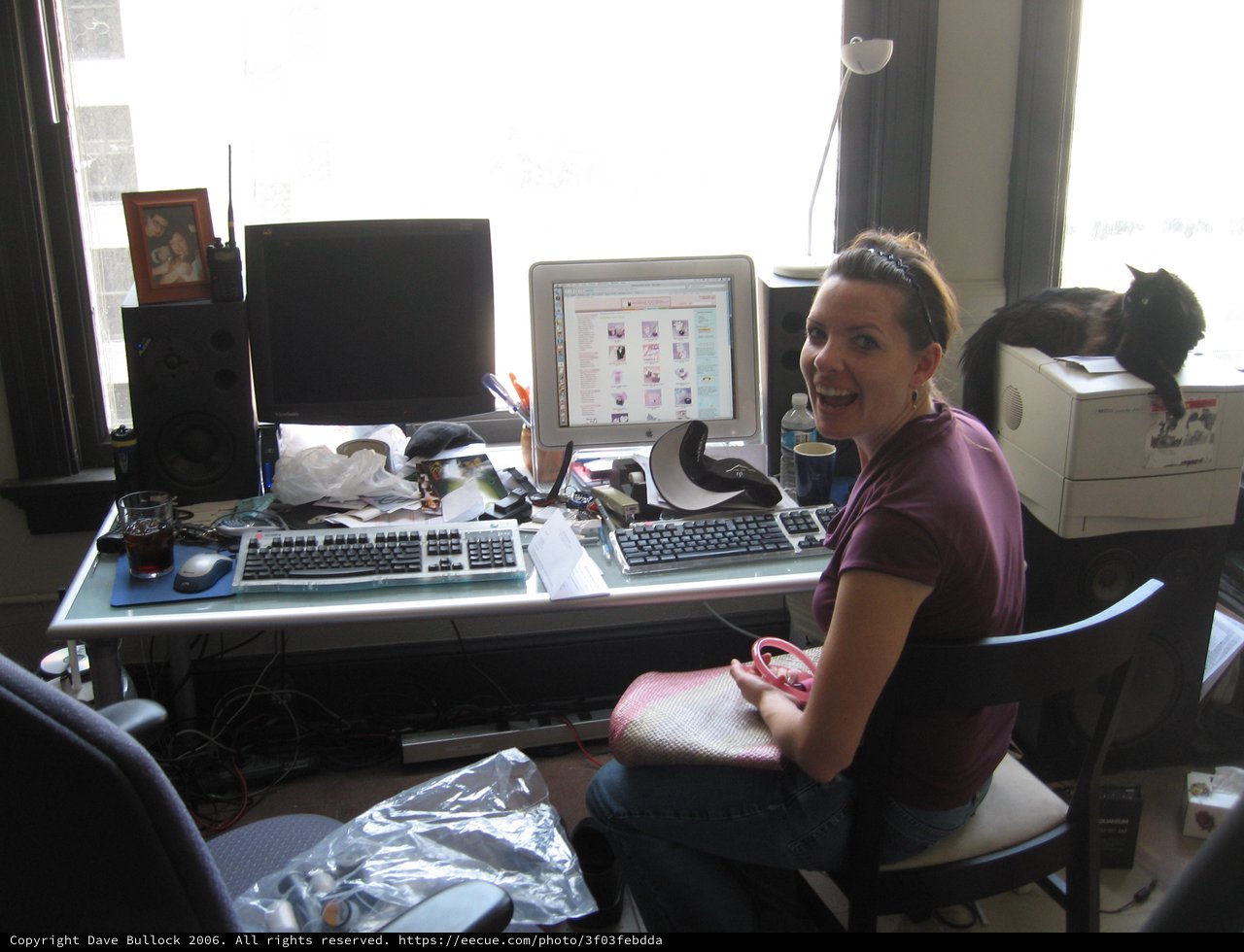 Woman at Cluttered Dual-Monitor Desk with Cat