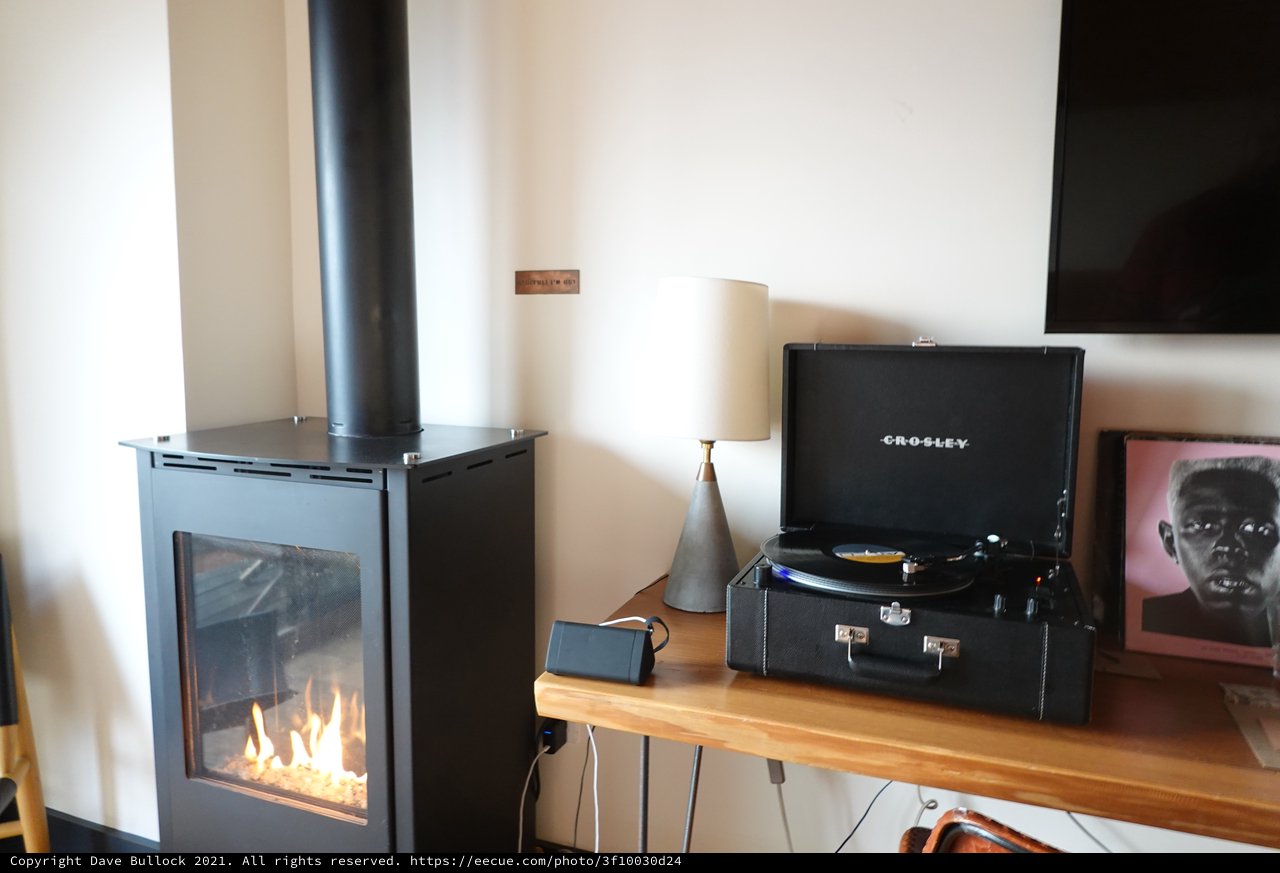 Cozy Living Room with Fireplace and Turntable