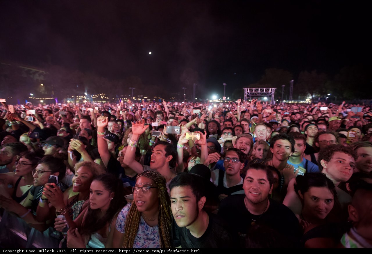 FYF Fest Sharp Crowd Woman Green Blonde Braids Glasses Floral Shirt Many Faces Moon Phones String Lights