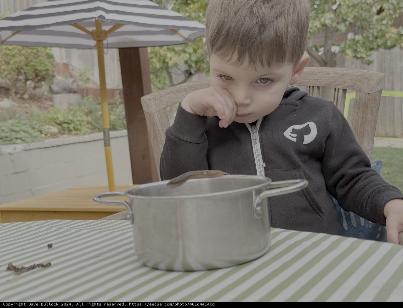 Young Boy Eating Outdoors at Garden Table