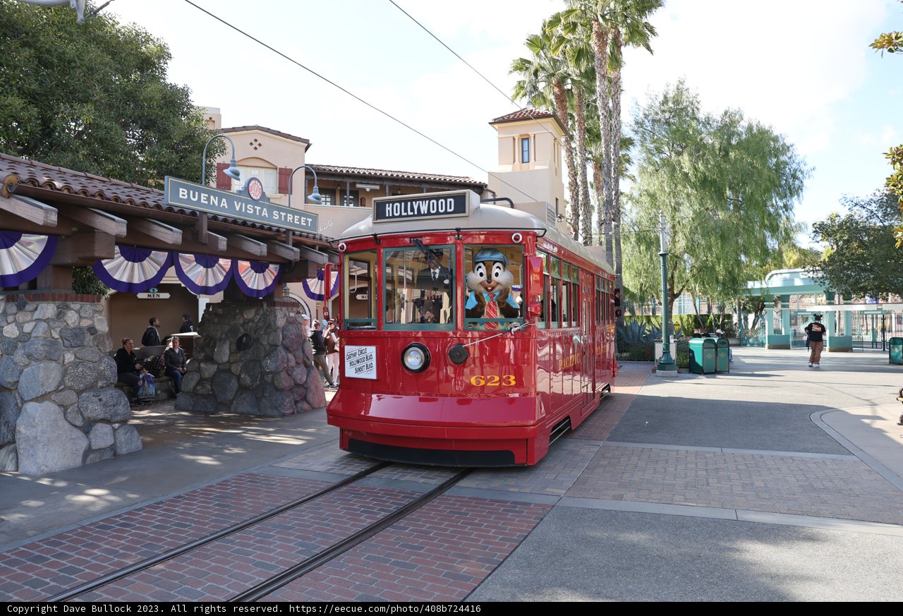Parked Red Trolley Car at Station