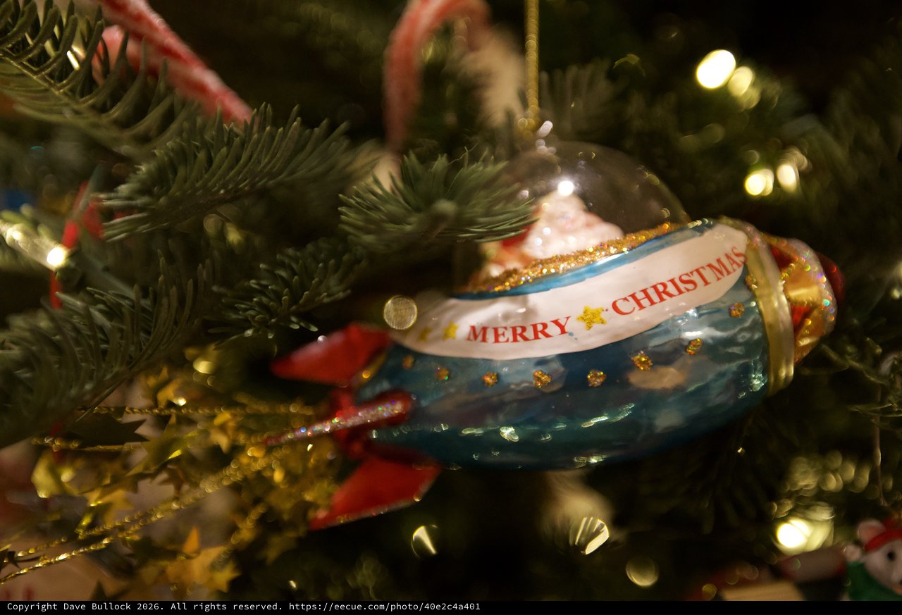 Merry Christmas Ornament on Evergreen Tree with Twinkling Lights