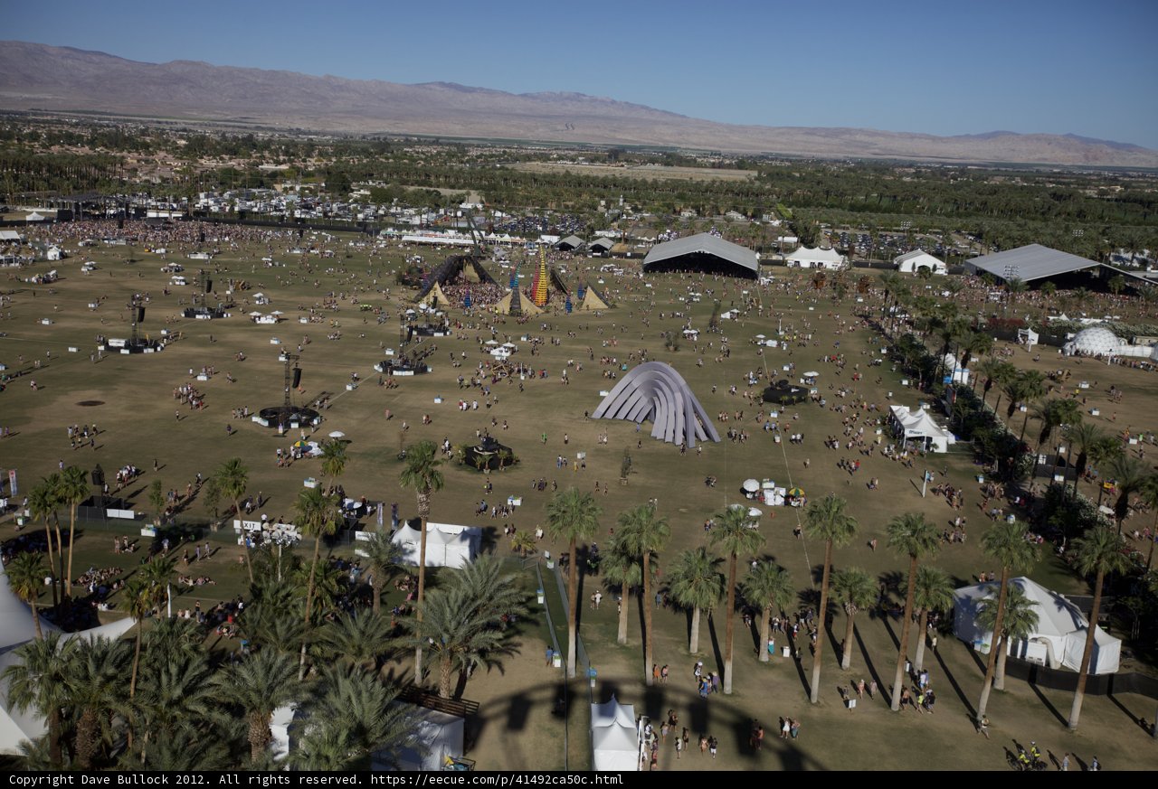 Aerial View of Coachella Camping Grounds Caption: Thousands of festival-goers set up their tents for a weekend of music and fun under the sunny California sky.