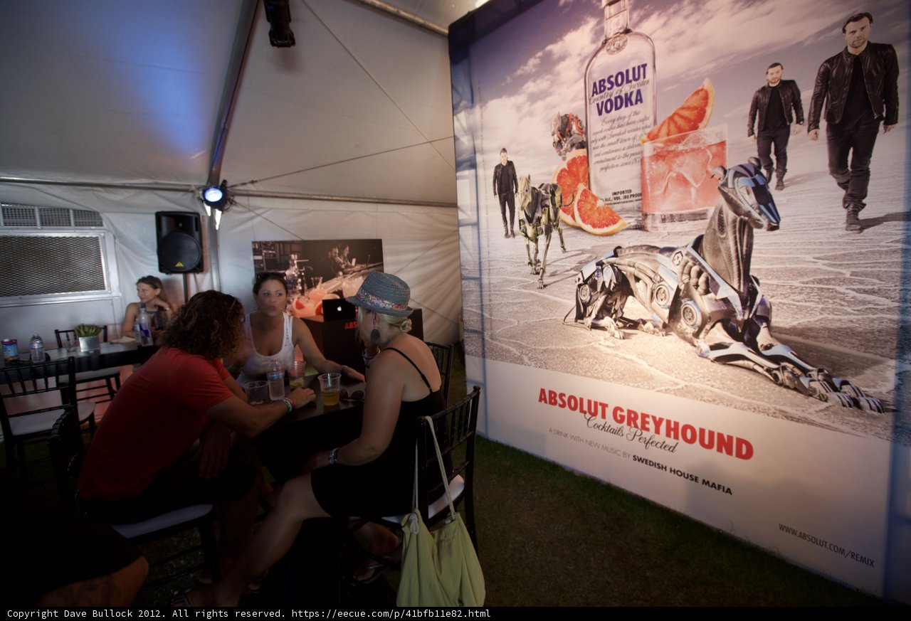 Sebastian Ingrosso and Steve Angello enjoying a break under a dog-themed tent at Coachella 2012