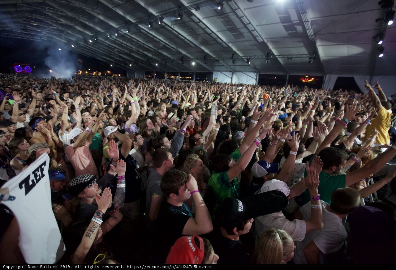 The Raging Crowd Caption: The enthusiastic crowd at Coachella on Saturday in 2010, filled with adoring fans with their hands up in the air, including Eduardo Pereira Rodrigues.