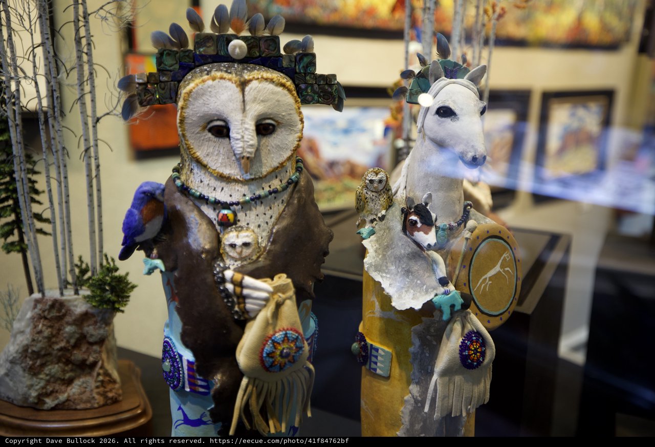 Ornate Native American-Inspired Owl and Horse Art Sculptures