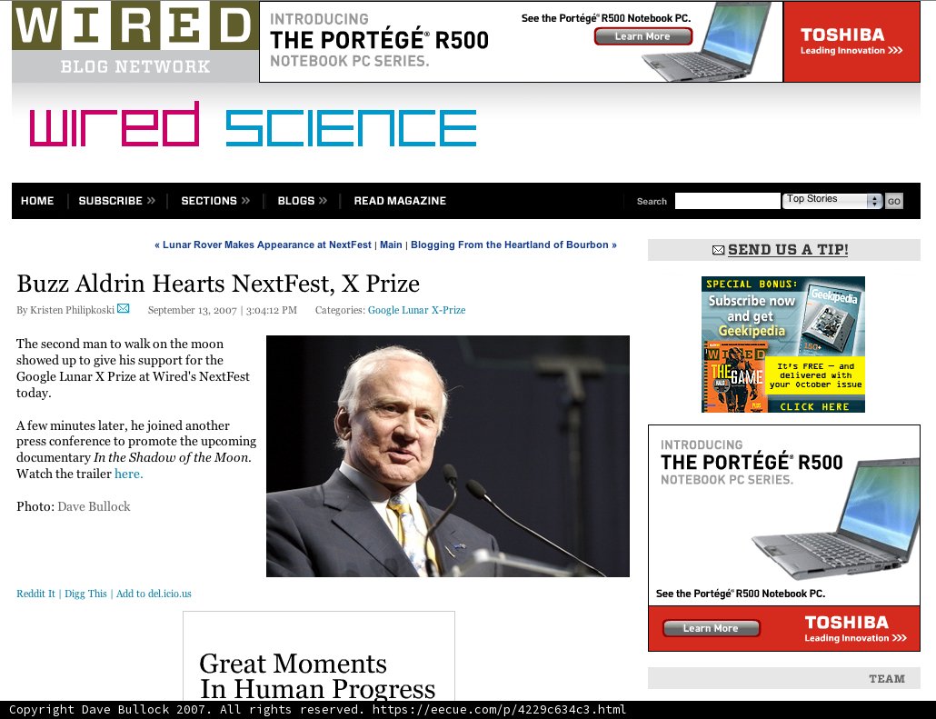 Wired Science Website with Buzz Aldrin in a Suit