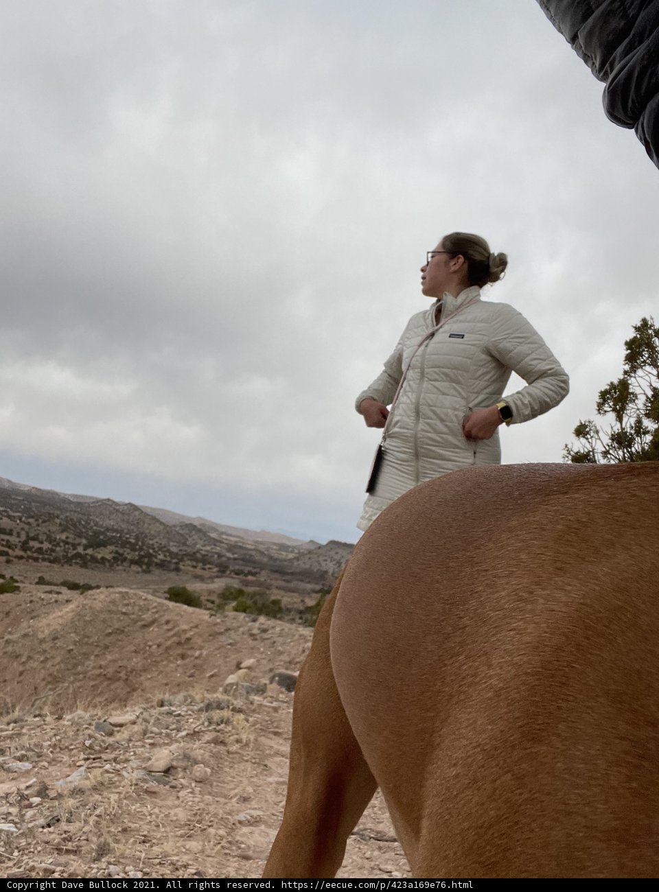 Portrait of Lori S and her furry friend in the hills