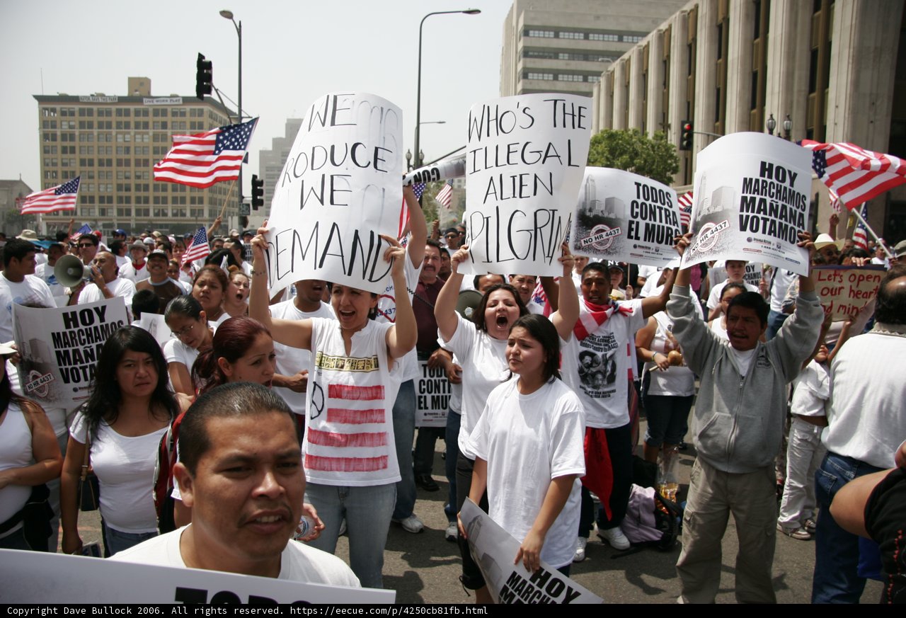 Protest in the Streets Caption: Shōgo Hamada and Pancho Villa join a crowd of 35 people holding signs and flags during a parade protest in 2006.