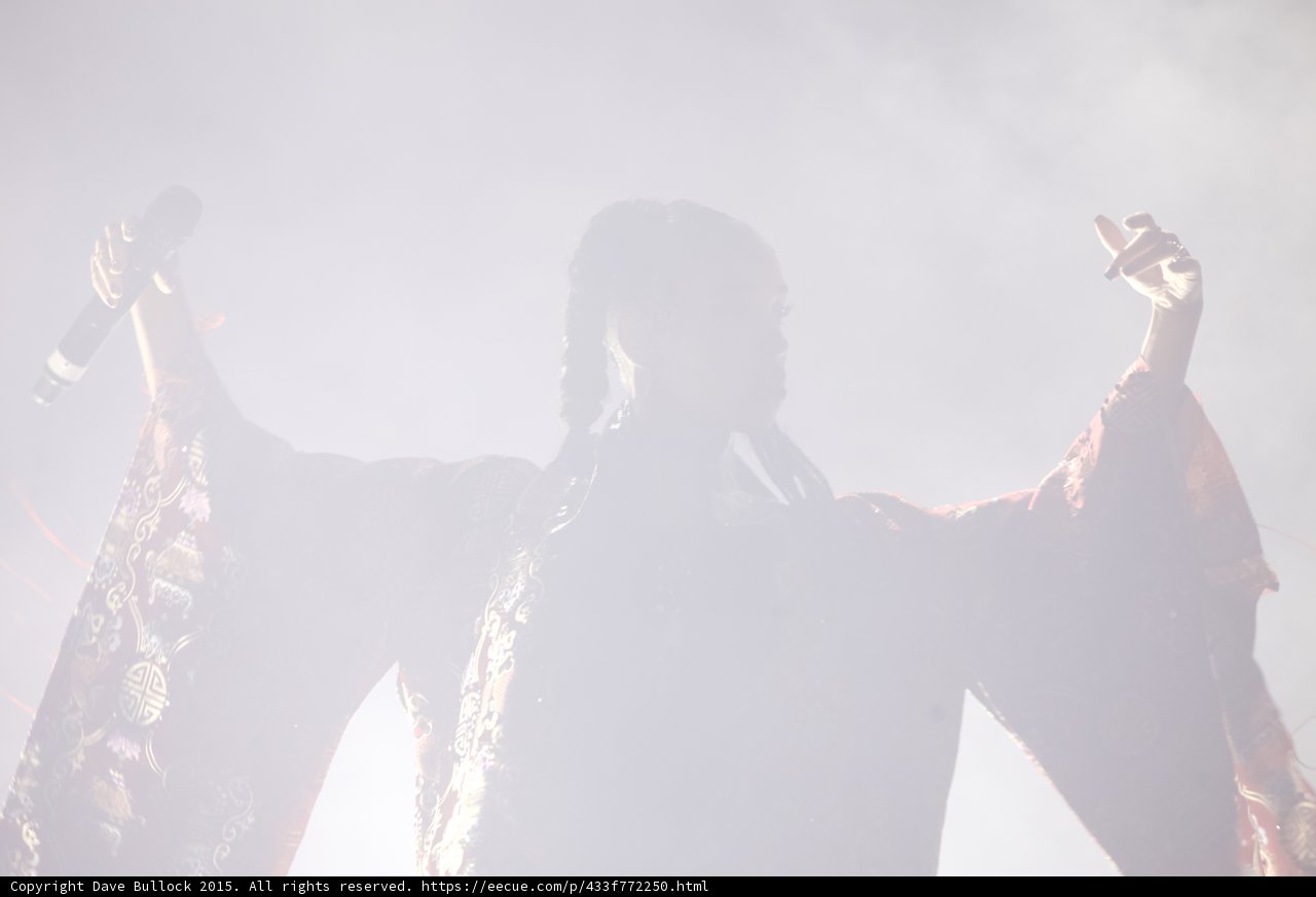 FKA twigs Stunning Backlit Silhouette Arms Spread White Haze Braids Red Brocade Kimono Microphone Expressive Hand Wings