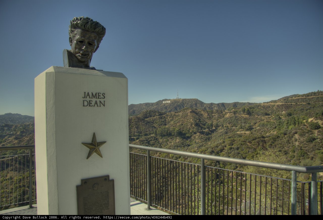 Hollywood Sign Monument with Handrail and Blue Sky