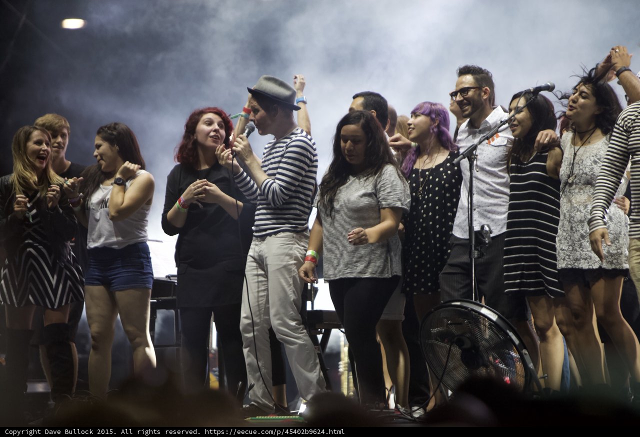 FYF Fest Stage Fans Fedora Man Singing Red Hair Purple Hair Striped Dress Haze Finale