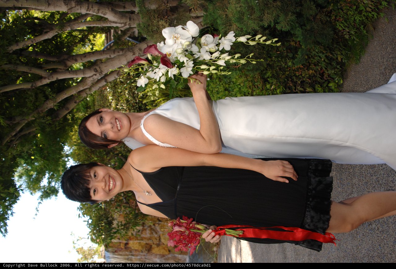 Bride and Bridesmaid Pose Together at Outdoor Wedding