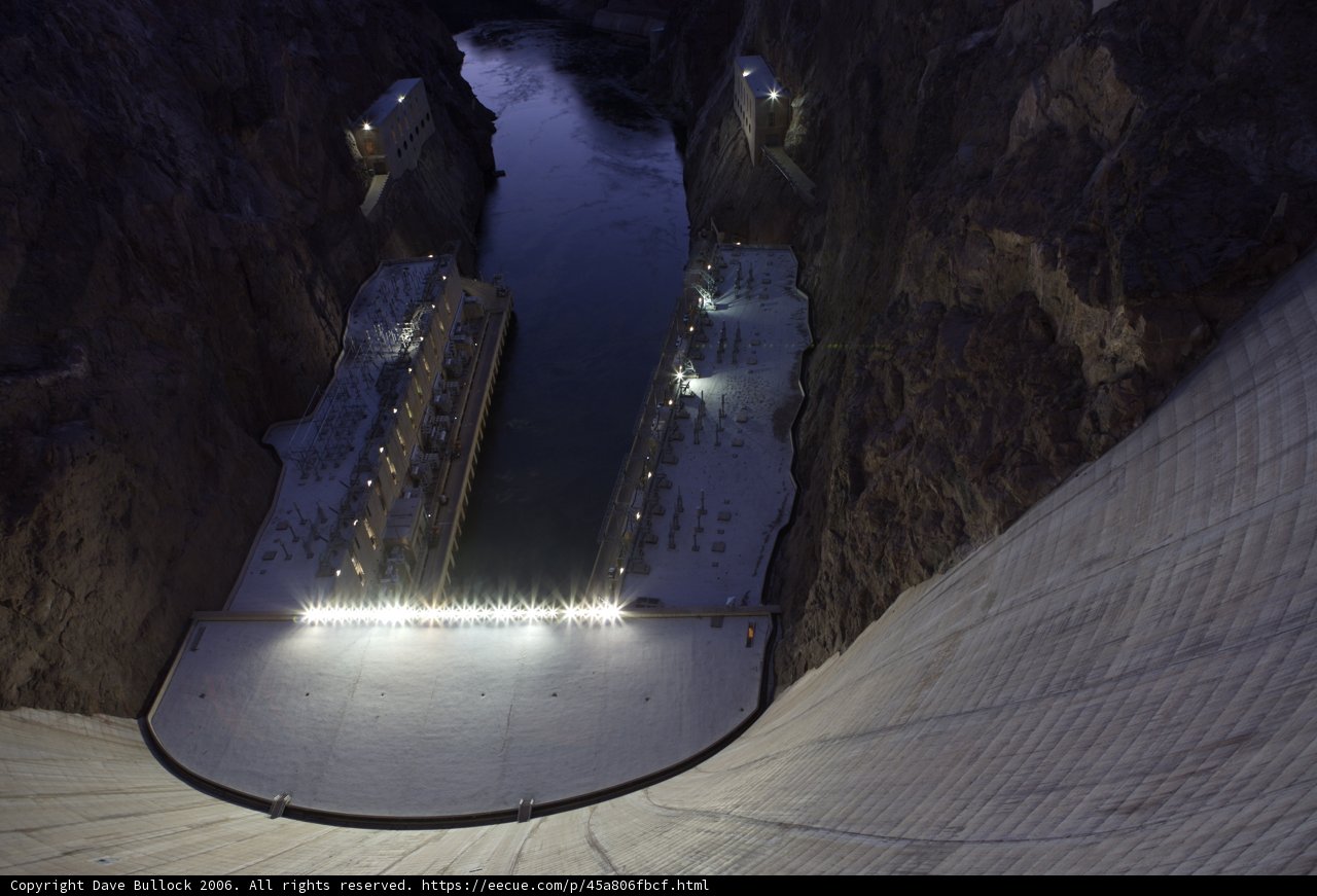 Illuminated Hoover Dam at Night