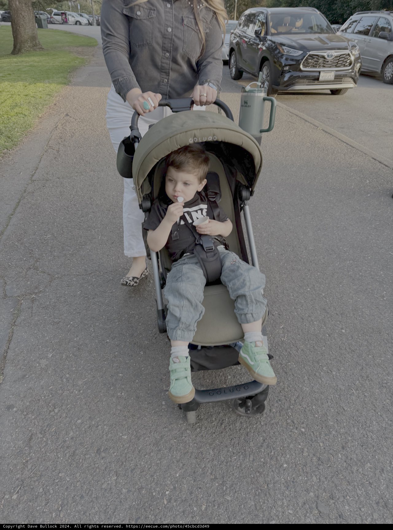 Mother and Child Strolling Through Suburban Neighborhood