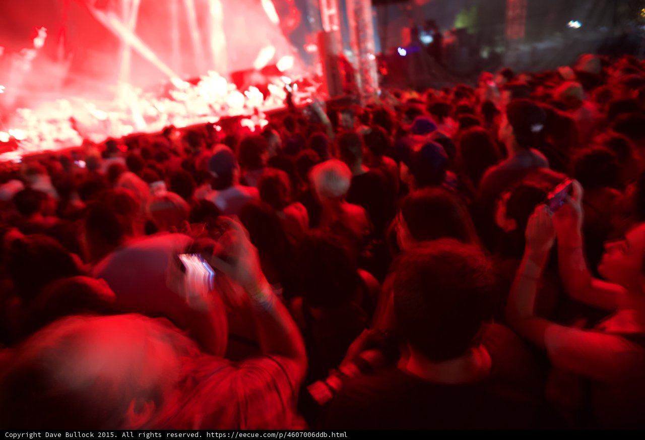 FYF Fest Crowd Wide Red Light Phones Recording Stage Spotlight Beams Scaffolding Night