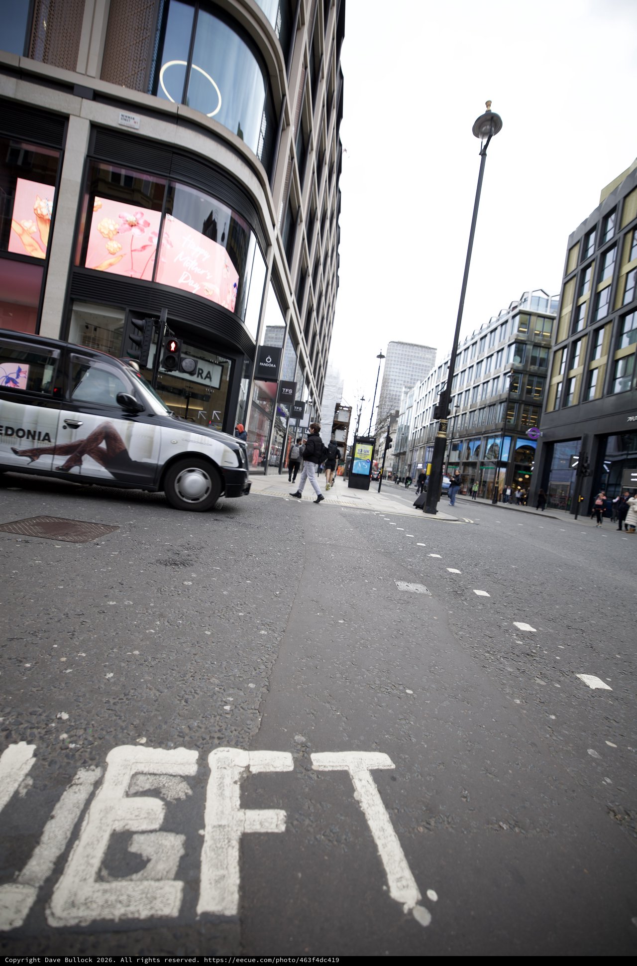 Urban Street View with 'LEFT' Road Marking in London