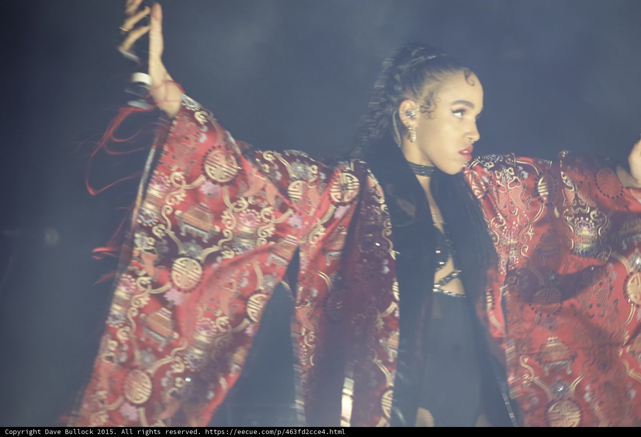 FKA twigs Profile Red Brocade Kimono Flowing Sleeves Black Choker Baby Hairs Intricate Pose
