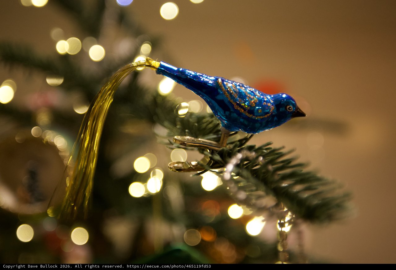 Blue Glass Bird Christmas Tree Ornament with Bokeh Lights