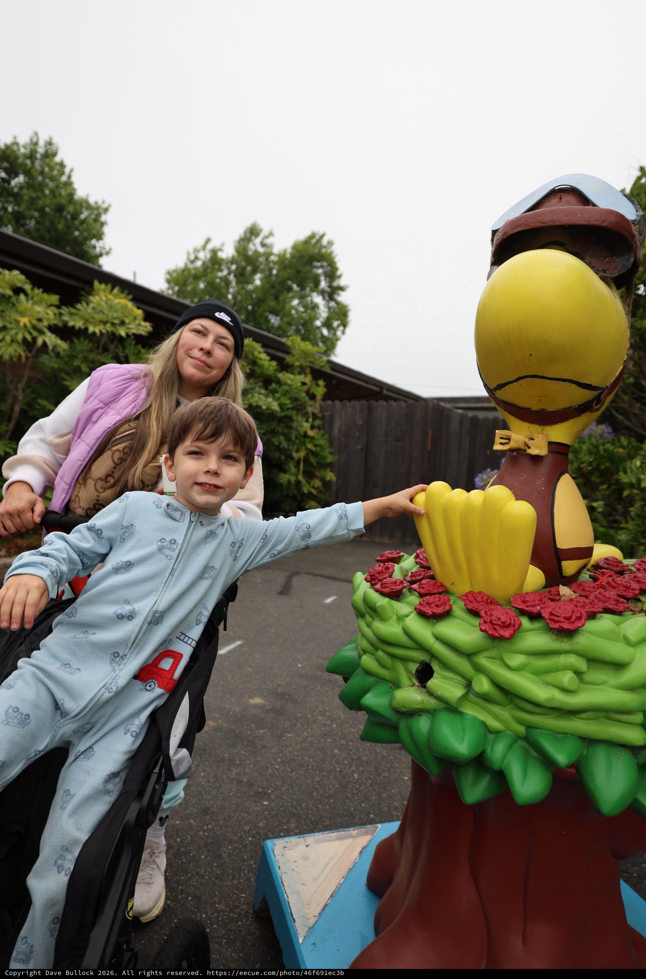 Boy Touches Colorful Bird Statue at Balloon Festival