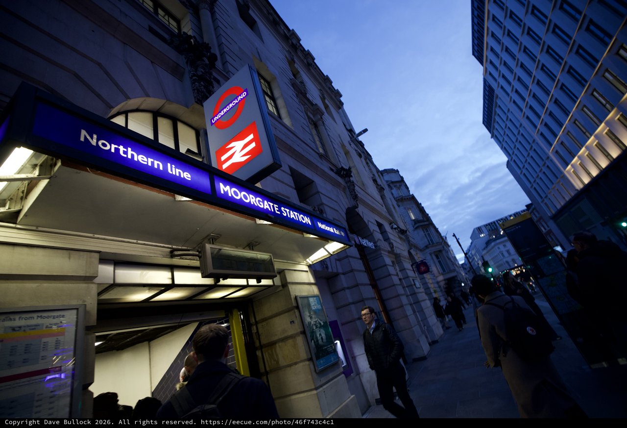 Moorgate Station Northern Line Entrance at Dusk