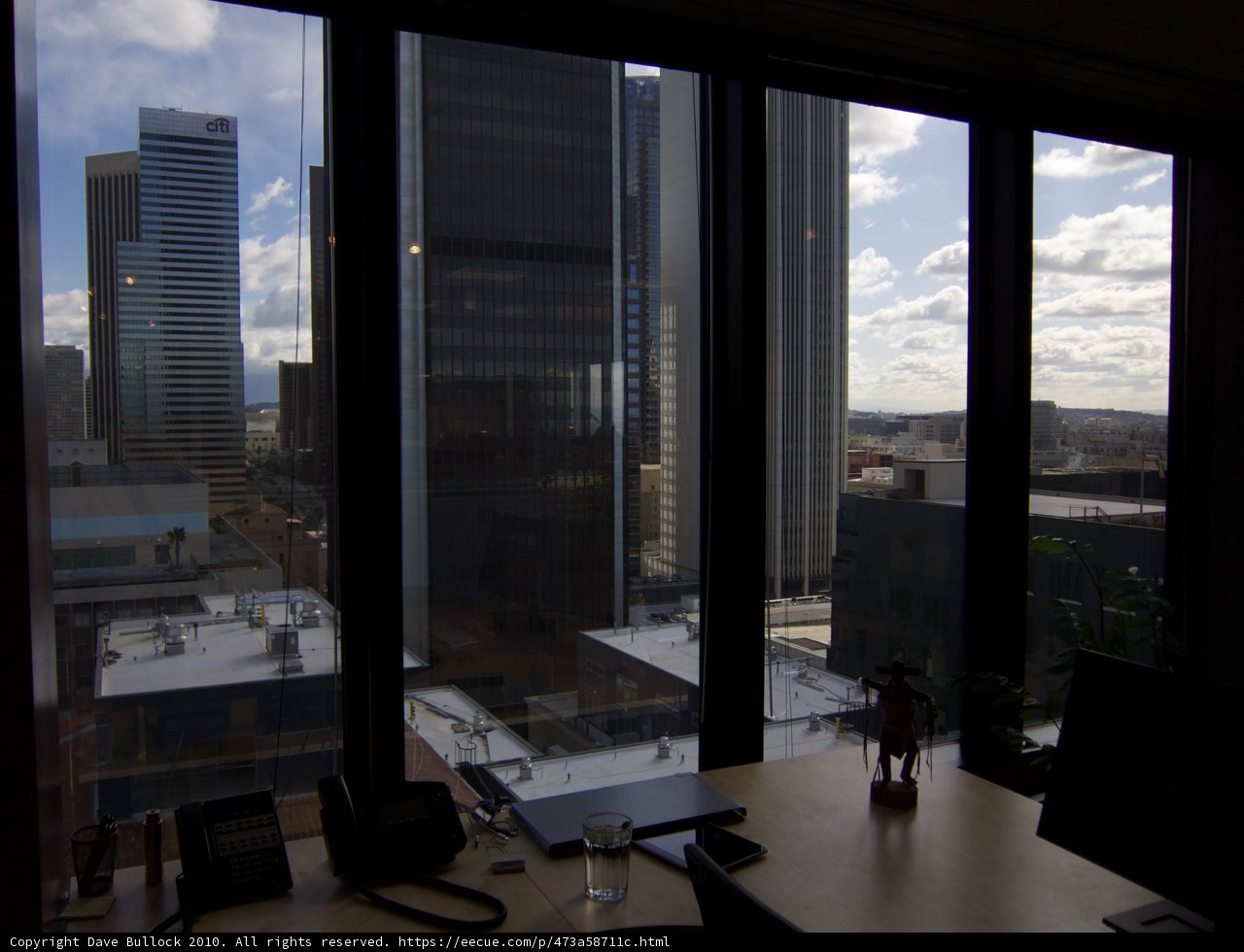Cityscape view from an office window