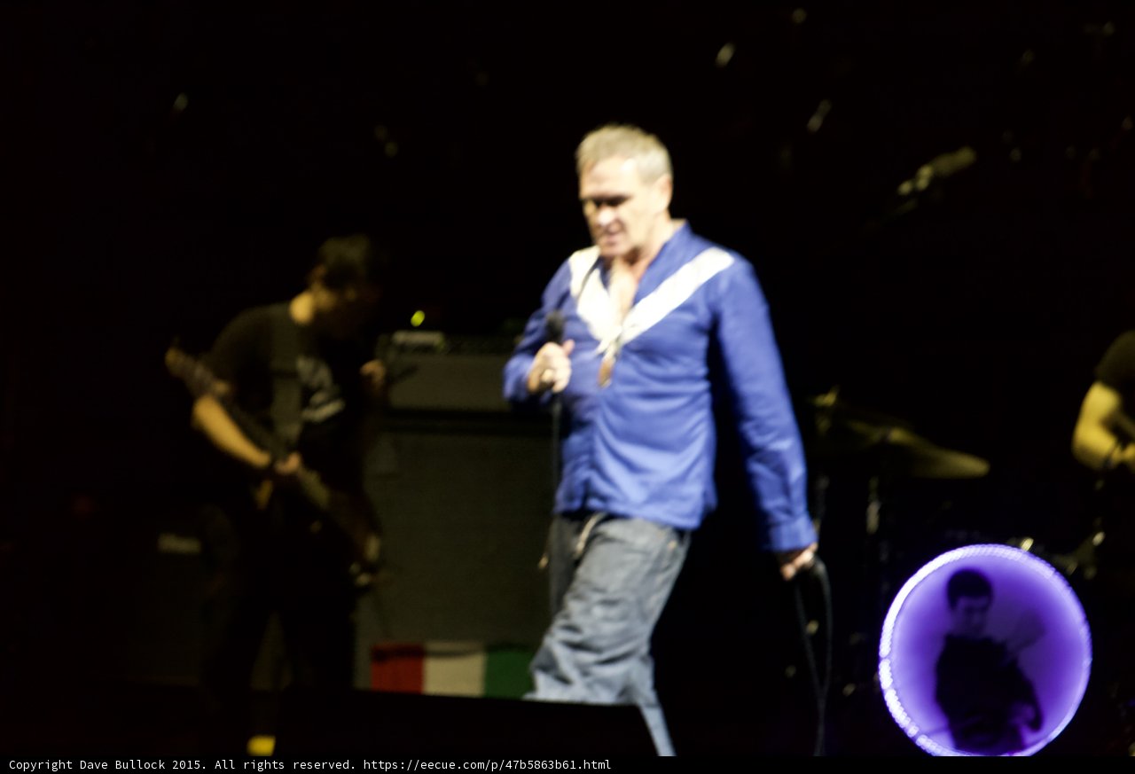 Morrissey Walking Blue Shirt Necklaces Guitarist Blurred LED Drum Head Purple Silhouette Italian Flag