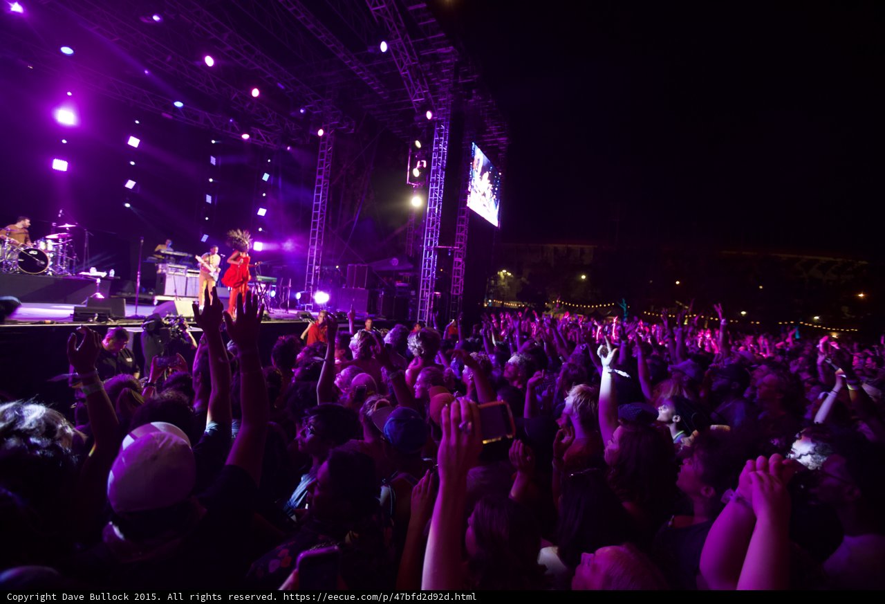 FYF Fest Solange Wide Crowd Shot Stage Red Dress Video Screen Scaffolding Purple Night