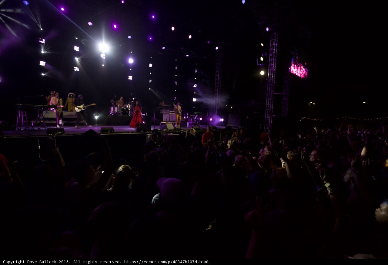 FYF Fest Wide Stage Solange Band Crowd Video Screen Spotlight Pink Purple Night