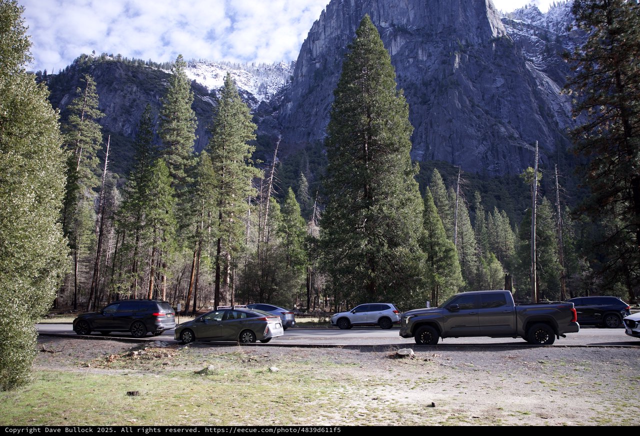 Yosemite Valley Parking Beneath Snow-Capped Granite Cliffs