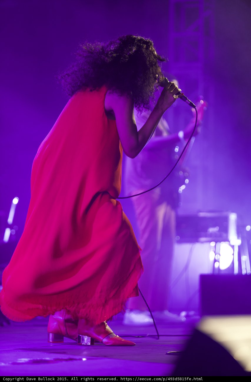 Solange Full Body Crouching Dynamic Red Dress Guitarist Purple