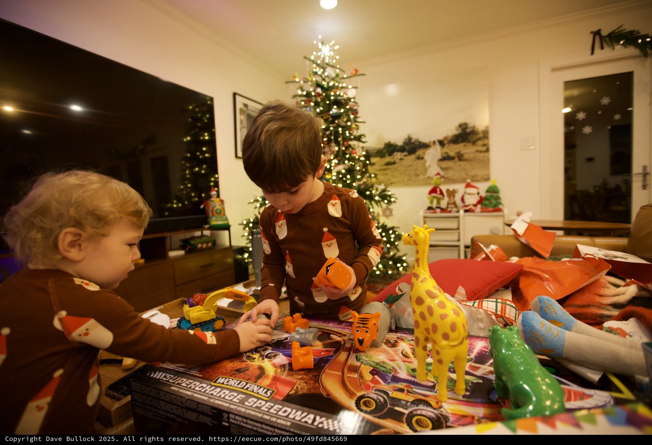 Brothers Opening Christmas Presents Together at Home