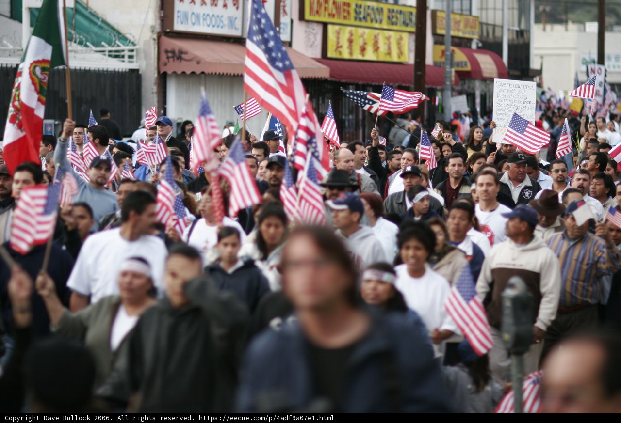 Patriotic Crowd with American Flags