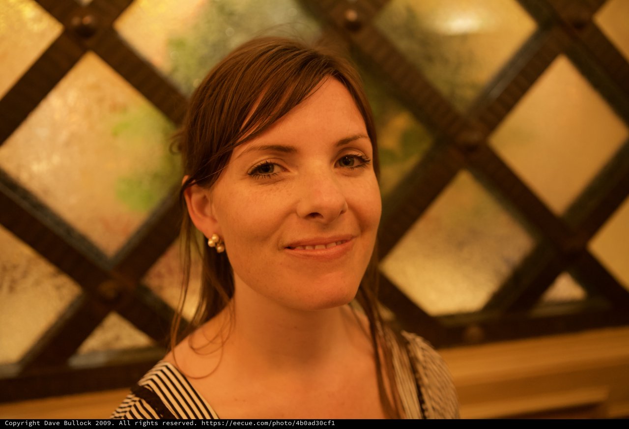 Smiling Woman Framed by Ornate Lattice Window
