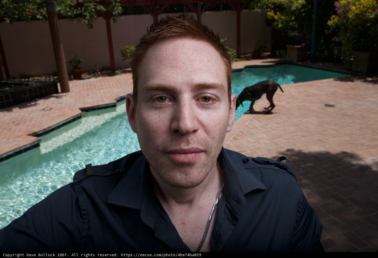 Man and Dog by the Pool