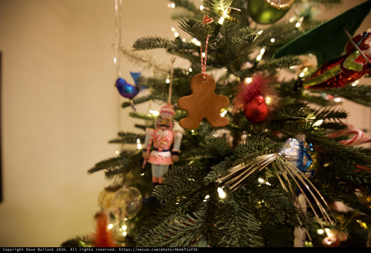 Festive Christmas Tree Decorated with Gingerbread Man and Ornaments