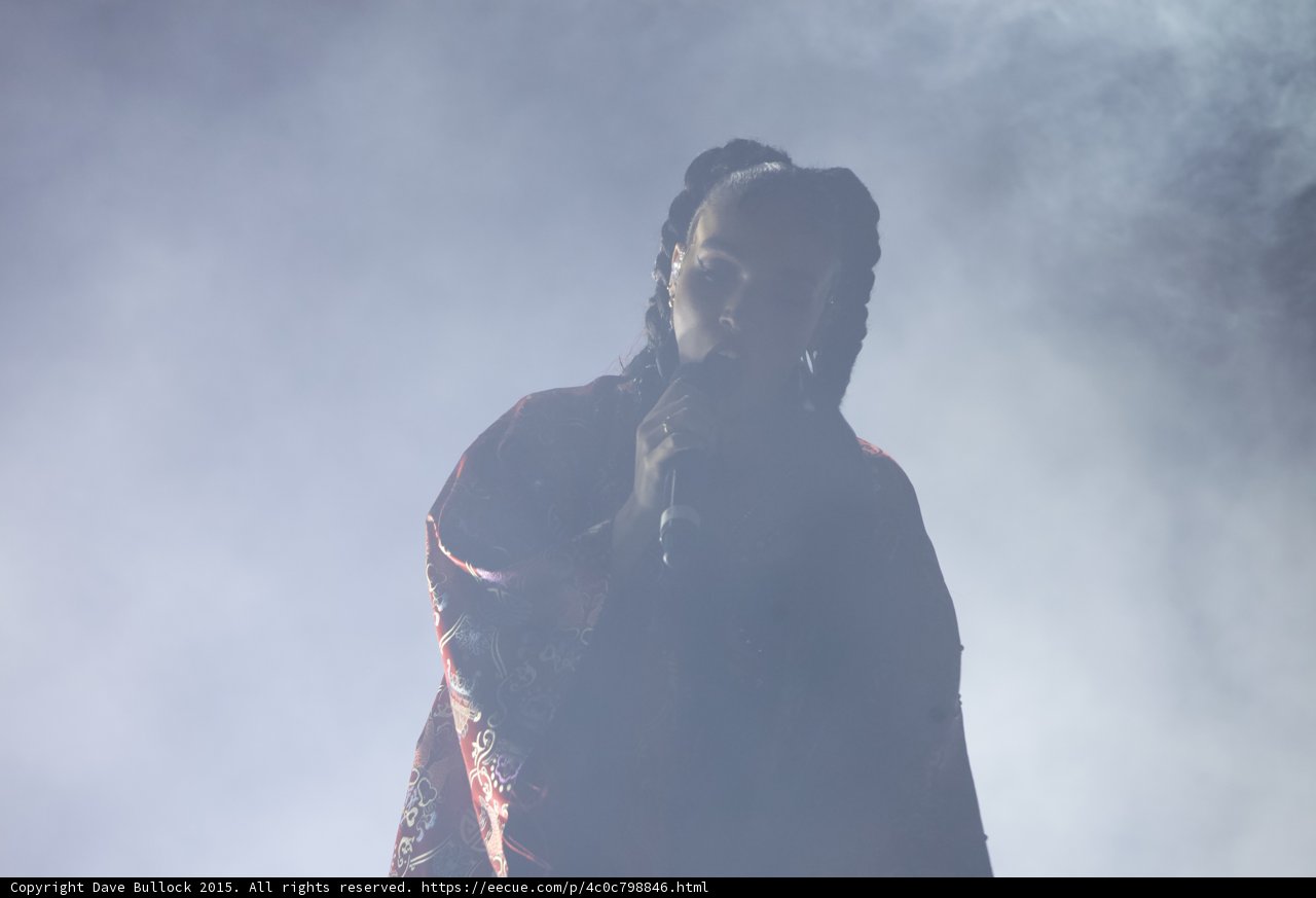FKA twigs Moody Portrait Profile Baby Hairs Braided Ponytail Singing Microphone Red Brocade Kimono Atmospheric