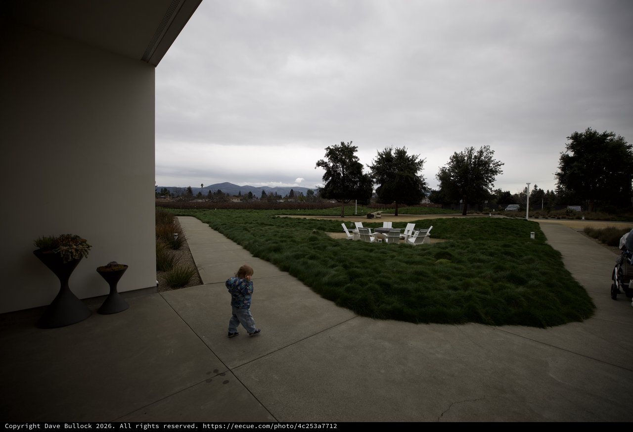 Child Walking Through Modern Patio at Dusk