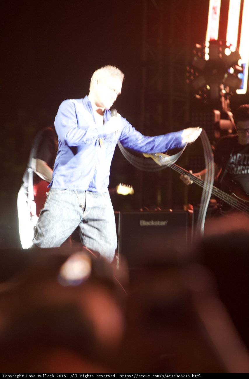 Morrissey Singing Full Body Blue Shirt Mic Cord Motion Guitarist Red Guitar Bassist Capitol Tee Blackstar