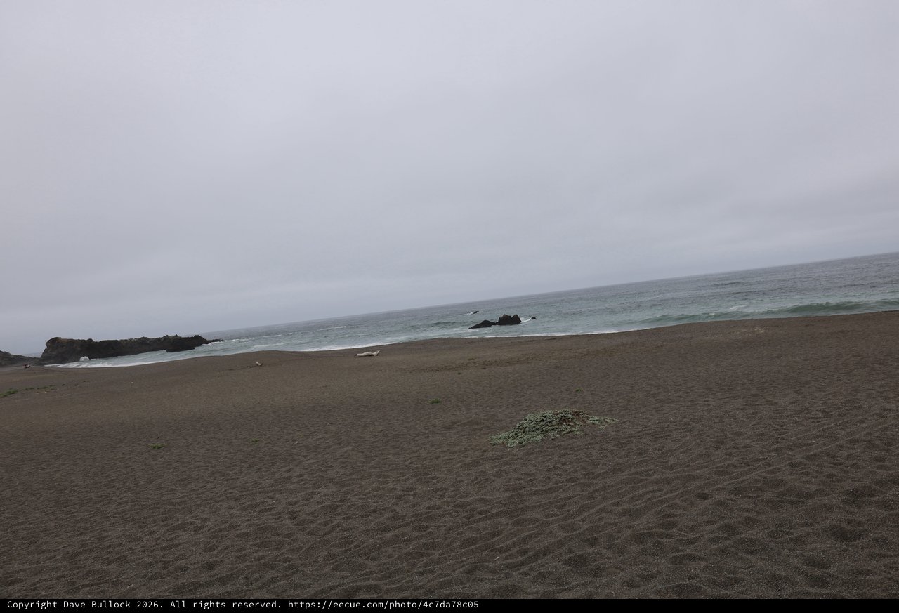 Overcast Coastal Beach with Rocky Shoreline