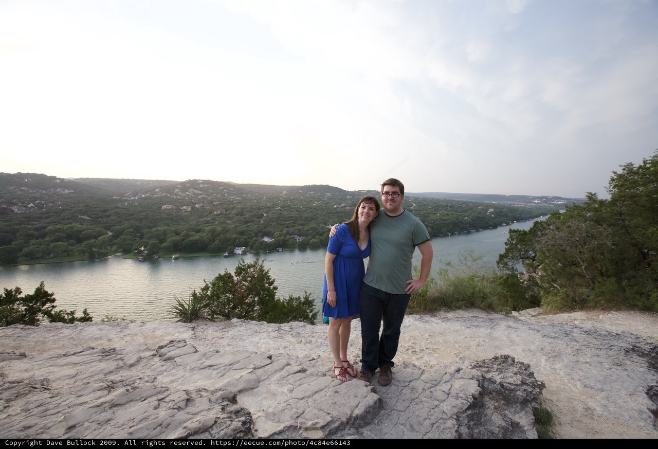 Couple Poses at Mount Bonnell Overlook Austin Texas